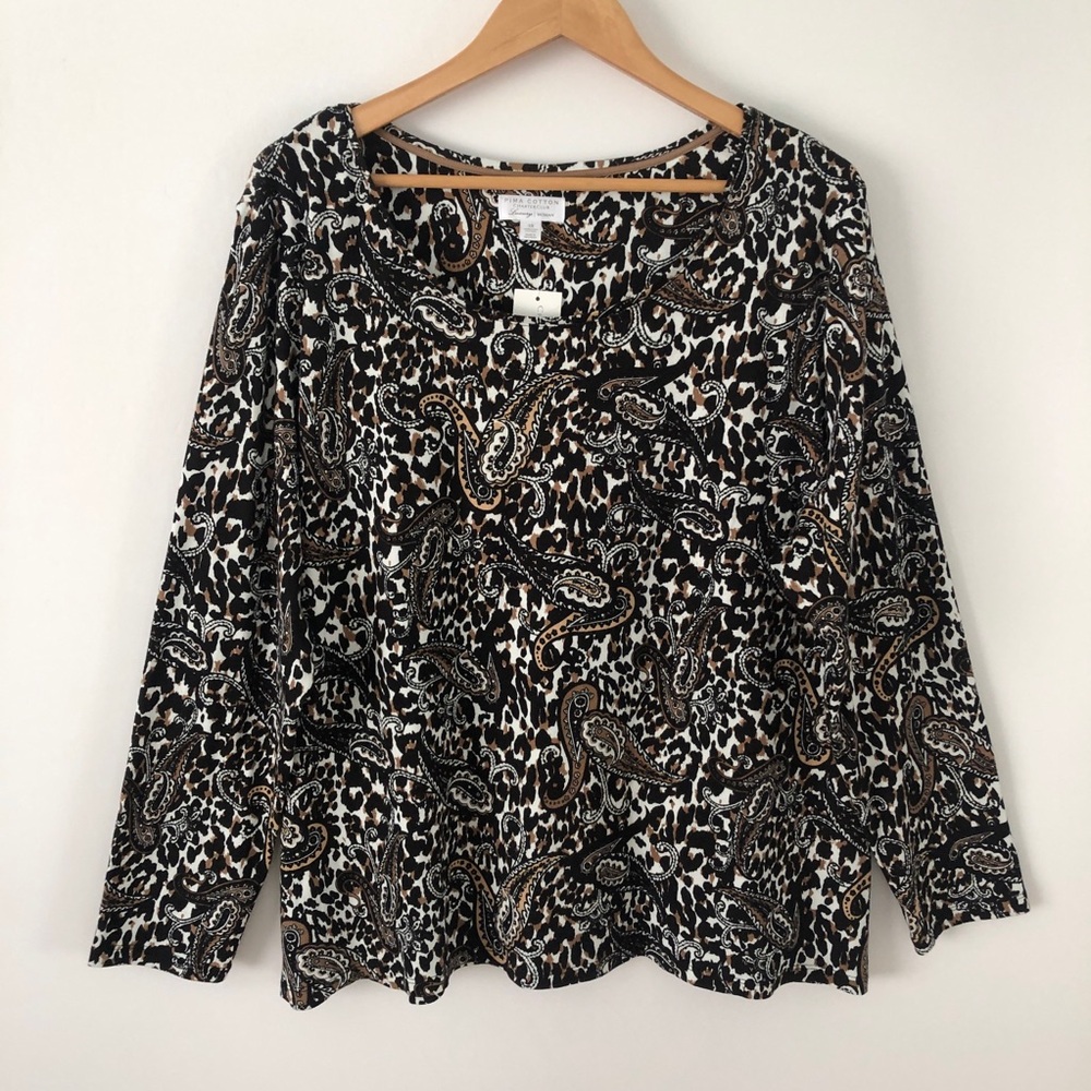 Charter Club Luxury Woman 3X Plus Black/Brown Paisley Long Sleeve Top Pima NWT